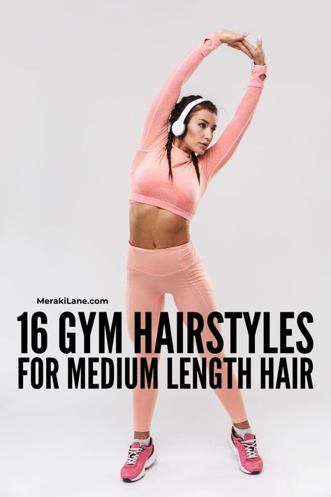 48 Easy and Stylish Gym Hairstyles for All Hair Lengths | Whether you have short, medium length, or long hair with or without bangs that's straight, wavy, or curly, you need simple hairstyles to keep your hair off your face and minimize sweat and frizz when you workout. In this post, we've sharing hair products and essentials to help prevent post-workout sweaty hair, and we've also rounded up tons of quick and easy styles that are trendy to boot! Gym Hairstyles For Shoulder Length Hair, Cute Hairstyles For Exercising, Easy Gym Hairstyles For Medium Hair, Medium Length Workout Hairstyles, Easy Workout Hairstyles For Medium Hair, Athleisure Hairstyles, Gym Hairstyles With Bangs, Medium Length Gym Hairstyles, Hairstyles For Yoga