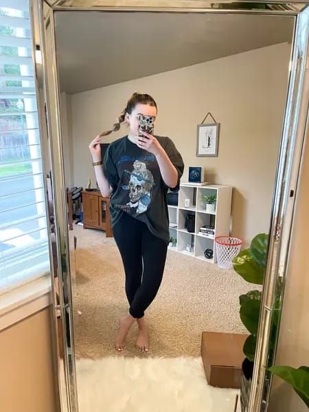 Oversized graphic tee outfits, best band tees, giant graphic tee, soft leggings, align leggings, casual work outfit, simple outfit idea, tee and leggings outfit Lauren is wearing a L/XL tee and size 8 leggings #LTKstyletip #LTKunder100 #LTKSeasonal Leggings Tee Shirt Outfits, Leggings And Graphic Tee Outfits, Leggings And Oversized Tshirt Outfit, Lazy Leggings Outfit, Work Outfit Simple, Oversized Graphic Tee Outfits, April Outfit Ideas, Super Casual Outfits, Tee Outfits