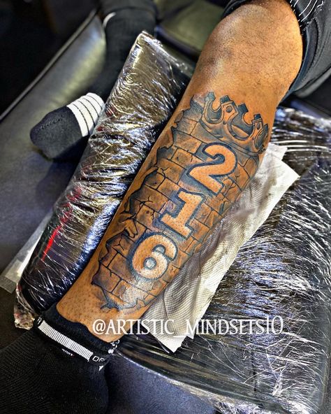 Brick Tattoo For Men Arm, Brick Tattoos Ideas, Area Code Tattoo Ideas, Brick By Brick Tattoo, Half Sleeve Leg Tattoo Men, California Tattoo Men, Brick Tattoo For Men, Street Tattoo Ideas, Area Code Tattoo Men