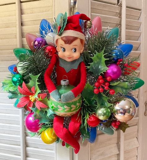 Dime Store Chic — Fun Vintage Elf Christmas Ornaments Wreath Knee Hugger, Cloth Paper Scissors, Whimsical Wreaths, Christmas Ornament Wreath, Fun Christmas Decorations, Holiday Items, Christmas Elf, Ornament Wreath, Christmas Cheer