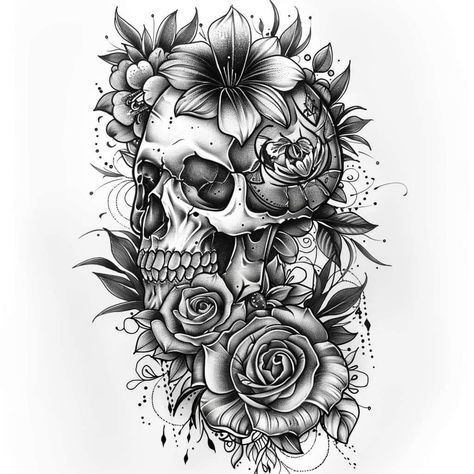 Female Sugar Skull Tattoo, Calf Tattoos For Women Back Of, Skulls And Flowers Tattoos, Skull And Flowers Tattoo Design, Skull Tattoo Stencil, Skull And Flower Tattoo, Skull Flower Tattoo, Pretty Skull Tattoos, Girly Skull Tattoos