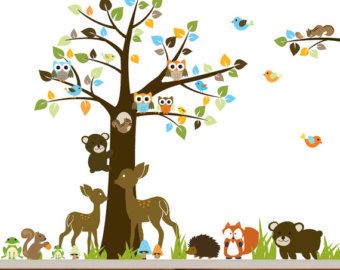 Nursery Vinyl Wall Decal Sticker Forest woodland animal,deer,fox,armadillo, squirrels with owls and birds Woodland Wall Decals, Vinyl Tree Wall Decal, Jungle Wall Stickers, Baby Nursery Wall Decals, Forest Wall Decals, Tree Wall Decals, Nursery Interior, Wall Decal Nursery, Woodland Wall