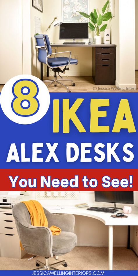 From corner desks to closet offices, to long desks with multiple workstations. Small Office Corner Desk, Corner Desk Office Layout, Office With Corner Desk, Ikea Corner Desk Hack, Ikea Alex Desk Ideas, Butcher Block Desk Top, Corner Desk Setup, Corner Office Space, Closet Offices