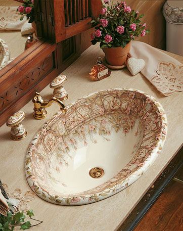 Briar Rose - Floral Painted Sink - Fairy Tale Home Decor - THIS IS THE SINK I WANT FOR MY HALF BATH!!!! Chic Powder Room, Cloakroom Sink, Victorian Bathroom, Glass Sink, Ideal Bathrooms, Shabby Chic Bathroom, Briar Rose, Sink Design, White Sink