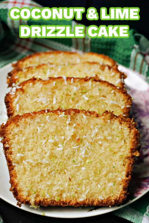 Coconut and Lime Drizzle Cake with a hint of coconut rum, a delicious dessert for every occasion. The sponge is moist and light, and the lime drizzle adds a tangy summery touch. It's very easy to make with a few simple ingredients, and it's ready in way under an hour. Lime And Coconut Cake, Lime Bundt Cake Recipe, School Desserts, Coconut Lime Cake, Lime Dessert Recipes, Cake Loaf, Loaf Cakes, Lime Cake, Lime Recipes