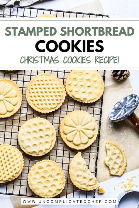 An image of stamped shortbread cookies on a tray Stamped Cookies Recipe Holidays, Stamped Shortbread Cookie Recipe, Stamp Cookies Recipe, Easy Shortbread Cookie Recipe, Scottish Shortbread Cookies, Easy Christmas Cookies, Scottish Shortbread, Shortbread Cookies Christmas, Shortbread Cookies Easy