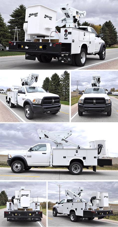 Telescopic articulated personnel bucket truck | Single person fiberglass basket | Working height: 44' | Side reach: 28' | Stowed travel height: 10' | Insulated Truck Builds, Bucket Truck, Single Person, Siding, Trucks, Vehicles, Building, Travel