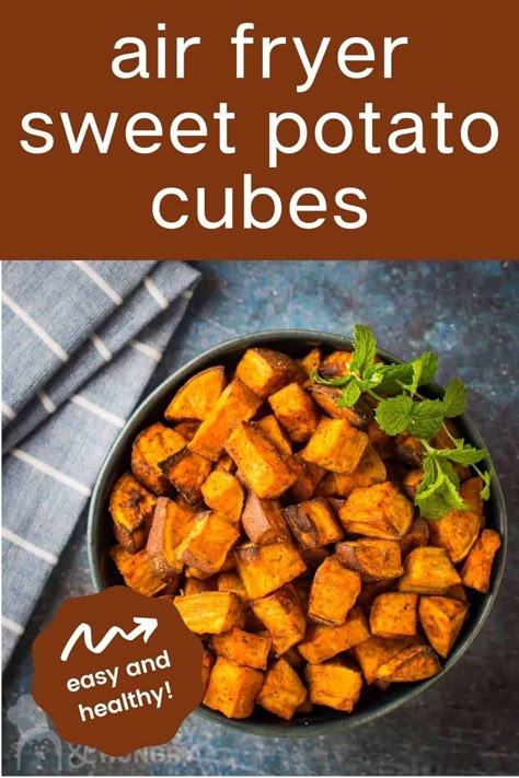 These Crispy Air Fryer Sweet Potato Cubes are incredibly delicious and so simple to make! They’re seasoned to perfection and come out crispy on the outside and tender on the inside. Only 5 ingredients and 22 minutes are needed to make this healthy and tasty side dish! Serve with a dipping sauce such as with sour cream, guacamole, or blue cheese dressing. Or sprinkle with chopped fresh parsley and gorgonzola crumbles for an elegant presentation! This recipe is perfect as a base that can be ... Air Fryer Sweet Potatoes, Sweet Potato Cubes, Roasted Sweet Potato Cubes, Potato Cubes, Air Fryer Veggies, Air Fryer Vegetables, Air Fryer Potatoes, Cubed Sweet Potatoes, Healthy Air Fryer Recipes