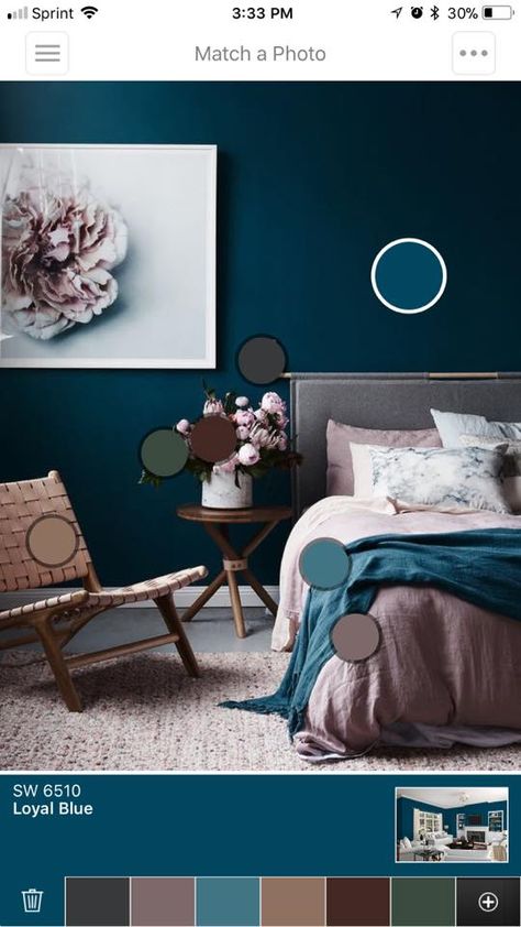 SW Loyal Blue Dark Blue Bedroom Walls, Beautiful Bedroom Colors, Blue Bedroom Walls, Best Bedroom Colors, Dark Blue Walls, Cute Bedroom Ideas, Dekorasi Kamar Tidur, Living Room Color Schemes, Room Color Schemes