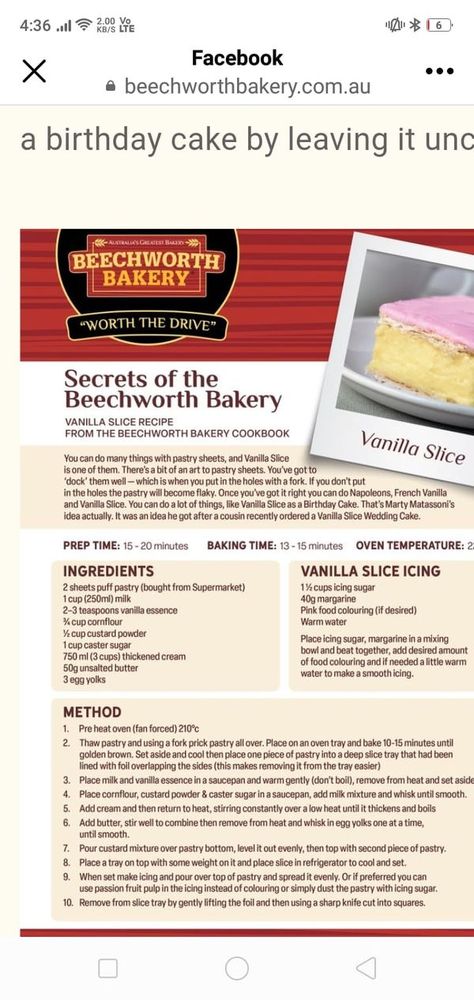 The Best Vanilla Slices in Australia | I don't know if you have seen this recipe before for Vanilla Slices from the famous Beechworth Bakery | Facebook Australian Vanilla Slice Recipe, Australian Bakery, Vanilla Slice Recipe, Healthy Bars, Tray Bake Recipes, Sweet Bar, Pastry Sheets, Slices Recipes, Small Cake