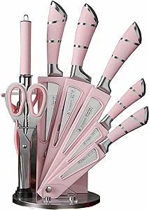 Black Kitchen Aesthetic, Pink Knife, Pink Kitchen Appliances, Kitchen Knife Block, Pink Apartment, Kitchen Pink, Stainless Steel Knife Set, Apartment Needs, Kitchen Finds