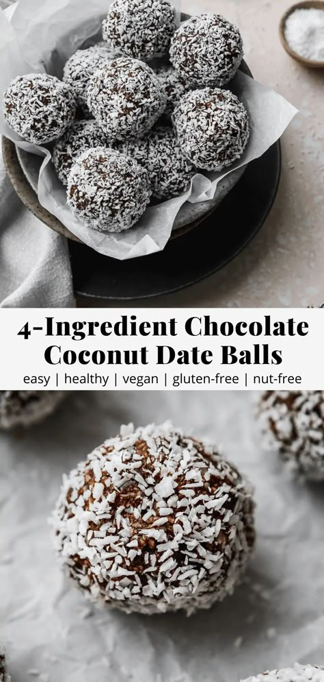 These 4-ingredient chocolate coconut date balls are such an easy, healthy make-ahead snack idea. Recipe is vegan, gluten-free, nut-free, and no-bake! #energyballs Energy Balls Nut Free, Coconut Date Balls, Date Energy Balls, Coconut Energy Balls, Vegan Energy Balls, Nut Free Snacks, Date Balls, Protein Balls Recipes, Coconut Protein