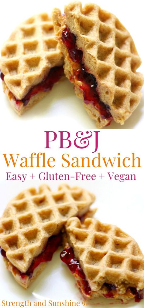 peanut butter and jelly waffle sandwich Waffle Sandwiches, Waffles Breakfast, Healthy Protein Snacks, Waffle Sandwich, Gluten Free Peanut Butter, Allergy Free Recipes, Peanut Butter Jelly, Gluten Free Breakfasts, Healthy Protein