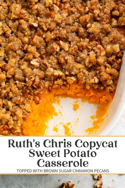 The recipe for Ruth’s Chris sweet potato casserole just can’t be beat! A simple but perfect sweet potato mash is topped with an absolutely delicious praline pecan topping. Your family will trash the marshmallow-topped classic the moment you bring out this wonderful dish, I promise! Copycat Sweet Potato Casserole, Ruths Chris Sweet Potato, Ruths Chris, Sweet Potato Crunch, Ruths Chris Sweet Potato Casserole, Potato Recipes Casserole, Best Sweet Potato Casserole, Sweet Potato Casserole Easy, Canning Sweet Potatoes