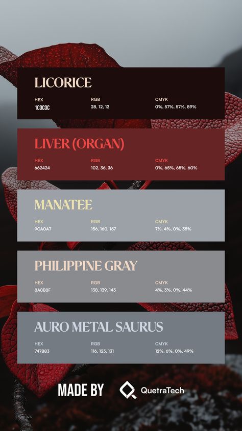 Colors:
1C0C0C
662424
9CA0A7
8A8B8F
747B83 Scarlet Witch Color Palette, Angel Aesthetic Color Palette, Mythical Color Palette, Evil Color Palette, Calendar Color Scheme, Google Calendar Color Scheme, Fairy Color Palette, Harry Potter Color Palette, Gothic Color Palette