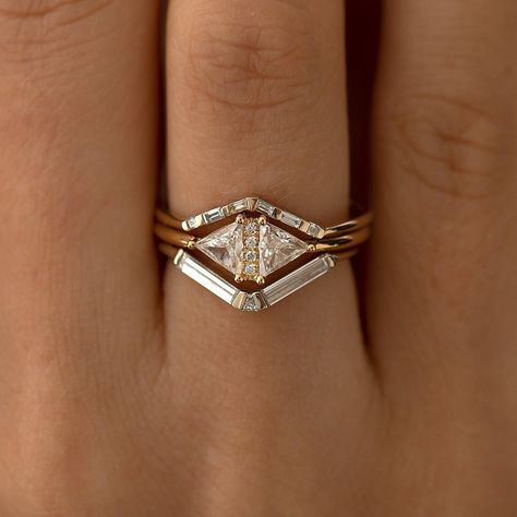 Baguette Wedding Band With Marquise Ring, Wedding Bands With Marquise Ring, Wedding Stack, Triangle Diamond Ring, Baguette Wedding Band, Pave Wedding Bands, Stacked Wedding Rings, Triangle Diamond, Triangle Ring