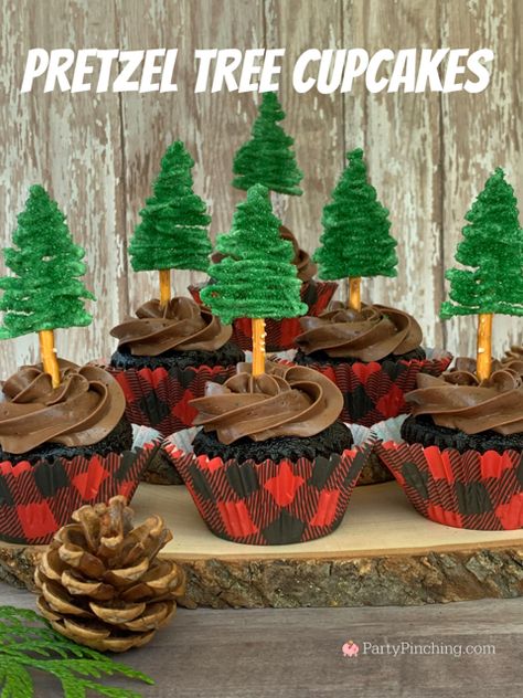 pretzel tree cupcakes, cute forest christmas tree lumberjack cupcakes, Lumberjack Cupcake Ideas, Lumberjack Cake Ideas, Pine Tree Cupcakes, Lumberjack Food Ideas, Lumberjack First Birthday Cake, Cabin Treats, Camping Cupcakes, Lumberjack Cupcakes, Woodland Theme Party