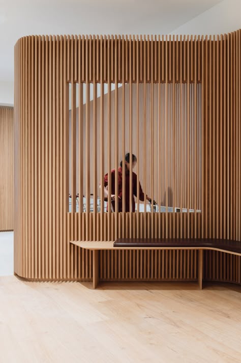 Cannongate House - Piercy&Company Divided Wall Ideas, Mcm Slat Wall, Listening Room Design, Partition Architecture, Wooden Panel Room Divider, Plywood Partition, Wood Stage Design, Partial Wall Ideas Room Dividers, Slat Wall Divider