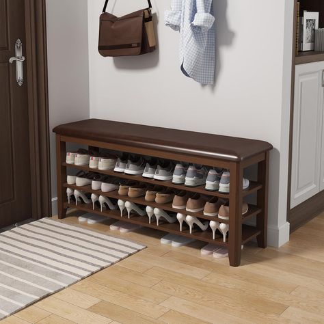 Shoe Bench with Leather Cushion, 3 Tiers Shoe Storage Bench Height Adjustable, Walnut Wood Entryway Bench for Hallway, Mudroom Hallway Mudroom, Shoe Rack With Seat, Bench Height, Wood Entryway Bench, Wood Entryway, Shoe Rack Bench, Shoe Storage Bench, Wooden Shoe Racks, Wooden Shoe