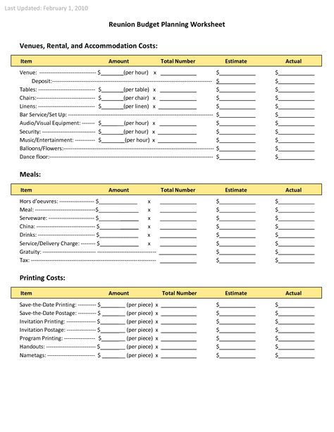 The Family Reunion Payment Spreadsheet design is a very useful tool. In spreadsheets, you are able to arrange data and do calculations in a very powerful and simple way. The next taste spreadsheet can assist you to with many different purposes in producing your own Family Reunion Payment Spreadsheet. Reunion Checklist, Budget Planner Worksheet, Reunion Favors, Budgeting Template, Event Planning Checklist Templates, Family Budget Planner, Family Reunion Favors, Family Budgeting, Event Planning Worksheet