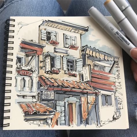 Alcohol Markers Sketch, Color Markers Art, Pocket Sketchbook, Copic Marker Drawings, Architecture Drawing Sketchbooks, Travel Art Journal, City Sketch, Travel Sketchbook, Urban Sketch