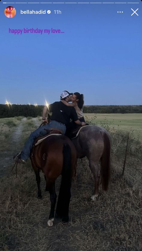 Bella Hadid and her cowboy boyfriend kissing while riding horses Cowboy Boyfriend, Bella Hadid Looks, Bela Hadid, Boyfriend's Birthday, Hadid Instagram, American Boyfriend, Isabella Hadid, Parenting Types, Met Gala Dresses