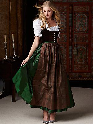 Green and black dirndl with long skirt, and brown plaid apron. German Traditional Clothing, Drindl Dress, German Traditional Dress, German Outfit, German Dress, Dirndl Dress, Folk Dresses, Traditional Fashion, Folk Costume