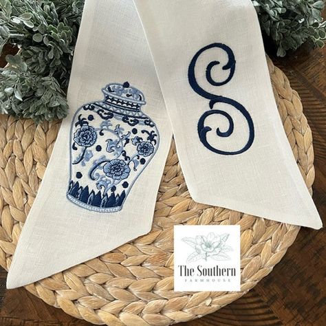 Monogrammed Wreath Sash, Southern Embroidery, Wreath Scarf, Chinoiserie Embroidery, Wreath Sashes, Wreath Sash, Southern Farmhouse, Grandmillennial Style, Chinoiserie Ginger Jars