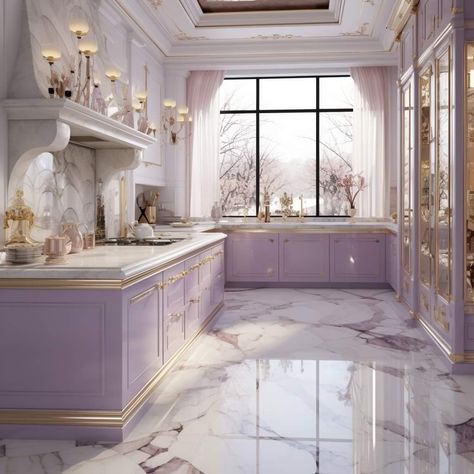 Lavender Apartment, Light Purple Kitchen, Lavender Kitchen Cabinets, Purple Aesthetic House, Purple House Aesthetic, Lavender Kitchen Decor, Dream Kitchen Luxury, Lilac Kitchen, Lavender Kitchen