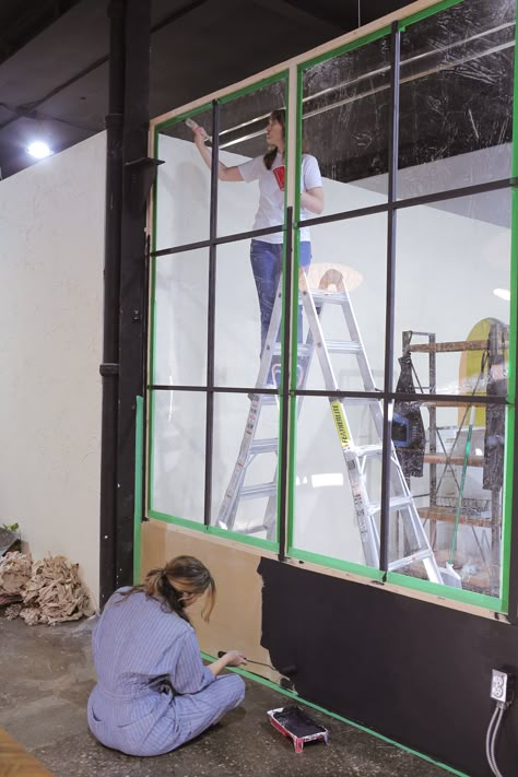 We Built a DIY Wall Divider for Our Studio Makeover - Loft Vibes — The Sorry Girls Diy Wall Divider, Loft Vibes, Studio Makeover, Loft Windows, Fake Walls, Modern Partition Walls, The Sorry Girls, Industrial Room, Glass Partition Wall