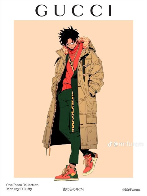 One Piece Fashion Anime, Luffy Inspired Outfit, One Piece Anime Outfits, One Piece X Gucci, Luffy Streetwear, One Piece Inspired Outfits, Luffy Outfits, One Piece Character Design, Modern One Piece