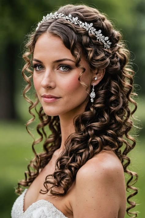 Hairstyles On Lehenga, Curly Bridal Hair, Classic Wedding Hair, Curly Hair Style, Curly Wedding Hair, Tiara Hairstyles, Natural Curls Hairstyles, Wedding Hair Down, Bride Hair