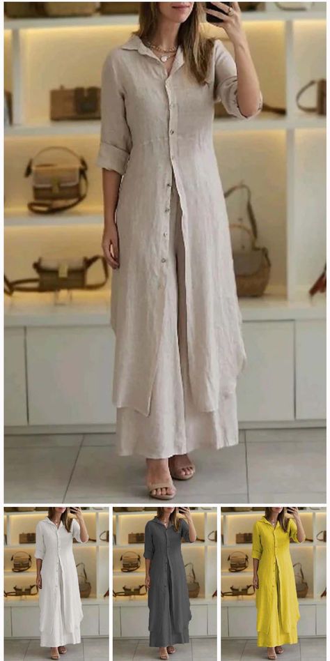 Casual Solid Color Buttons Shirt Collar Long Sleeve Two Pieces(7 Colors) Long Kurti And Plazo, Kurti And Plazo, Linen Two Piece Set, Straight Clothes, Kurti Neck, Fall Winter Dresses, Two Piece Pants Set, Jeans Cargo, High Quality Dress