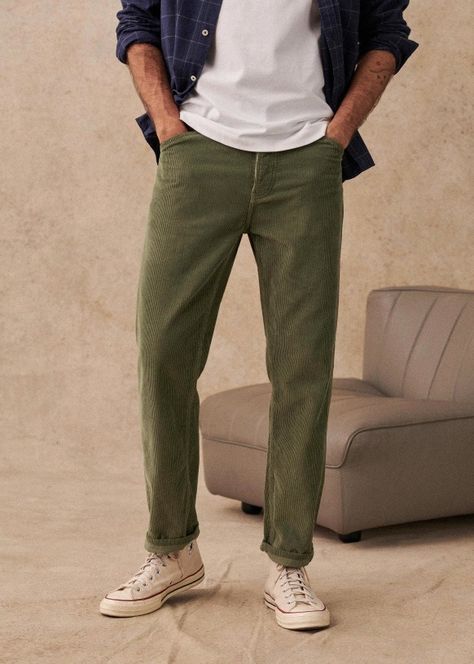 Corduroy Albano Trousers - Green - Cotton - Sézane Corduroy Trousers Outfit Men, Green Corduroy Pants Outfit Men, Light Green Trousers Outfit, Olive Chinos Men Outfits, Mens Green Pants Outfit, High School Outfits Boys, Green Trousers Outfit Men, Corduroy Trousers Outfit, Aesthetic Drip