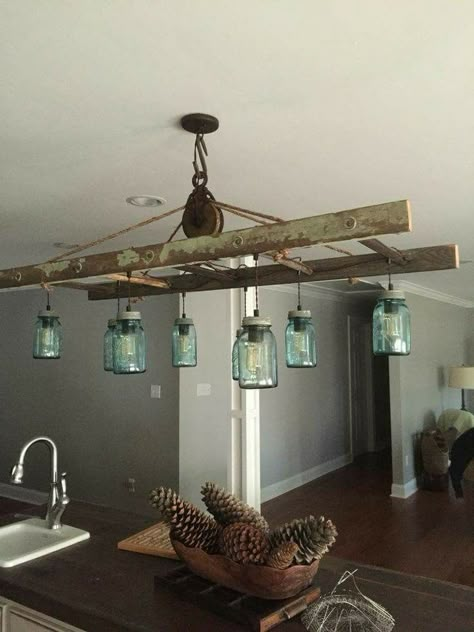 Kitchen Island Lighting Farmhouse Mason Jars, Hanging Lights Over Kitchen Island Rustic, Ladder Lights Hanging Kitchen, Rustic Over Island Lighting, Country Kitchen Light Fixtures, Rustic Kitchen Lighting Over Island, Ladder Lights Hanging, Hanging Ladder Decor, Rustic Kitchen Light Fixtures