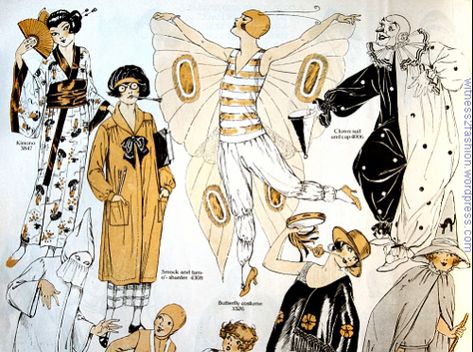 Butterick costume patterns, Delineator, November 1924. (The magazine would have come out in October.) 1920s Halloween Costume, Butterfly Costumes, Pierrot Costume, Interesting Poses, 1920s Halloween, Halloween Costume Patterns, Costume Illustration, Old Halloween Costumes, Halloween Board