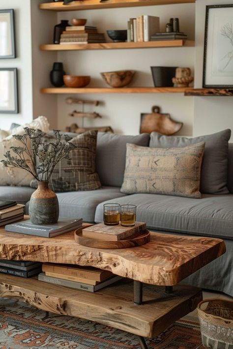 Grey Couch And Wood Living Room, Grey Couch With Wood Coffee Table, Grey With Wood Living Room, Modern Farmhouse Grey Couch Living Room, Two Toned Couch, Grey And Wood Furniture, Gray And Earth Tone Living Room, Styling Gray Couch, Wooden Table Design For Living Room