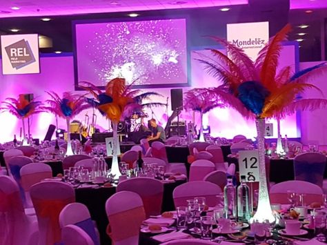 Ostrich feather centrepieces to hire for Greatest Showman themed event with LED lighting Greatest Showman Wedding Theme, Greatest Showman Table Decorations, The Greatest Showman Party Decorations, Circus Wedding Centerpieces, Cirque Du Soleil Themed Event, Ostrich Feather Centerpieces, Lily Vases, Balloon Company, Feather Centerpieces