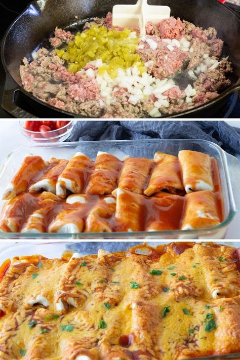 Beef Enchiladas With Red Sauce Authentic, Velveeta Enchiladas Beef, Green Chile Beef Enchiladas, Freezer Beef Enchiladas, Beef Enchiladas With Red Sauce Easy, Red Sauce Enchiladas Beef, Ground Beef Green Enchiladas, Ground Beef Green Chili Enchiladas, Chili Cheese Enchiladas Ground Beef