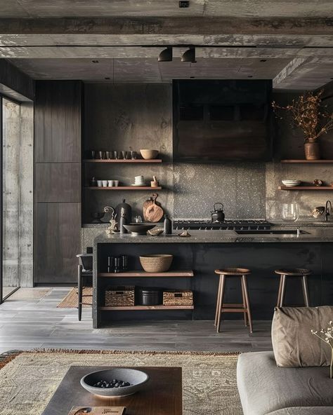 Dark Theme Interior, Industrial Interior Design Kitchen, Bachelor Pad Kitchen, Kitchen Industrial Style, Modern Bachelor Pad, Industrial Rustic Decor, Rustic Style Kitchen, Rustic Industrial Kitchen, Mountain House Decor