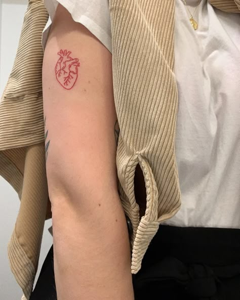 Red ♥️ (5rl, 1 hour) : sticknpokes Red Stick And Poke Tattoo, Red Ink Fine Line Tattoo, Hand Tattoos Red, Red Tatooes, All Red Tattoo, Hour Tattoo, American Threads, Red Ink Tattoos, Cute Tiny Tattoos