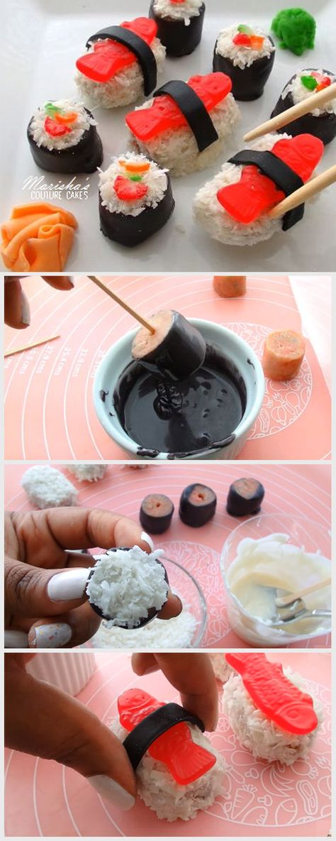 Food Imposters Desserts, Imposter Cake Ideas, Bbq Themed Desserts, Rice Krispie Sushi, Sushi Candy Diy, Sushi Cupcakes Ideas, Sushi Dessert Ideas, Sushi Roll Cake, Candy Sushi Rolls For Kids