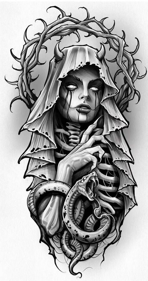 Dark Sleeves For Women Tattoo, Woman Grim Reaper Tattoo, Dark Nun Art, Female Grim Reaper Art, Evil Woman Drawing, Dark Art Tattoo Mythology, Badass Tattoo Designs Drawings, Deviant Art Tattoo, Demon Lady Tattoo