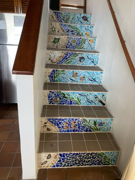 Mosaic Porch Steps, Mosaic Stairs Outdoor Front Steps, Mosaic Stairs Indoor, Mosaic Stair Risers Outdoor, Talavera Tiles Stairs, Mosaic Stairs, Little Beach House, Tile Steps, Staircase Wall Decor