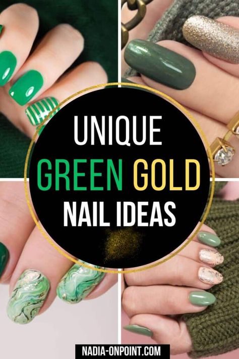 Green Gold Nails Ideas, Green Nails With Gold Glitter, Emerald Nails Designs, Green Accent Nails, Green And Gold Nail Designs, Green Gold Nails, Gold Nails Ideas, Gold Nails Design, Matte Green Nails