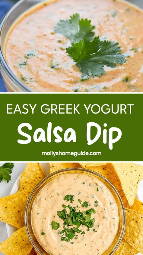 Indulge in a healthier snacking option with this delicious Greek yogurt salsa dip. Perfect for parties, game nights, or simply as a midday treat. The creamy texture of Greek yogurt paired with the vibrant flavors of salsa creates a mouthwatering combination that will delight your taste buds. This easy-to-make dip is not only packed with protein and probiotics but is also a refreshing alternative to heavy dips. Greek Yogurt Salsa Dip, Greek Yogurt Dip For Chips, Plain Greek Yogurt Dip Recipes, Greek Yogurt Taco Dip, Dips Using Greek Yogurt, Greek Yogurt Chip Dip, Healthy Dessert Dip, Greek Yogurt Dip Recipes, Yogurt Dip Recipes