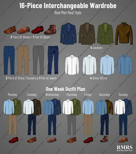 Antonio Centeno (RMRS) on Instagram: “256 outfits from just 16 pieces of clothing. A new outfit every day for 8 months? It is possible IF you focus on interchangeabilityin your…” Business Casual Men Work, Interchangeable Wardrobe, Business Casual Attire For Men, Mens Work Outfits, Men's Business Outfits, Mens Business Casual Outfits, Smart Casual Work Outfit, Mens Office, Smart Casual Men