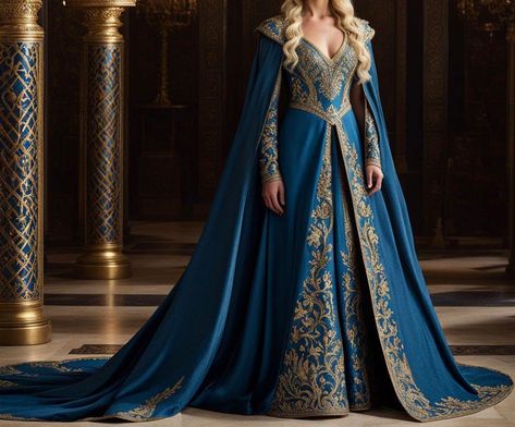 Fairytale Dress Medieval, Asgardian Dress, Westeros Fashion, Story Clothes, Royal Cape, Blue Gowns, Dress Medieval, Queen Outfits, Cute Asian Babies