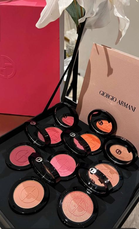 The new Giorgio Armani Blushes . Shades of pink Giorgio Armani Blush, Giorgio Armani Aesthetic, Armani Blush, Armani Cosmetics, Giorgio Armani Makeup, Armani Makeup, Pr Package, Giorgio Armani Beauty, Makeup Package