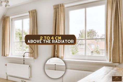 Curtains Over Radiator, Bay Window Curtains Living Room, Living Room Heater, Window Radiator, Long Curtains Living Room, Radiators Living Room, Interesting Living Room, Short Window Curtains, Bay Window Living Room